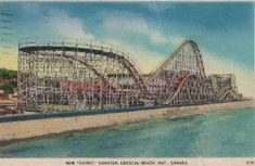 the roller coaster at conetown amusement park in conetown, california - postcard