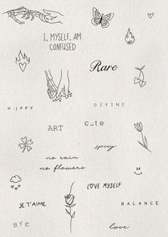 several different types of tattoos drawn on white paper with words written in black and white ink