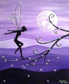 an acrylic painting of a fairy on a branch with the moon in the background