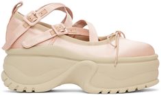 Low-top silk satin sneakers in pink. Round toe. Bow accent and adjustable criss-crossing straps with pin-buckle fastenings at vamp. Grosgrain trim in taupe at collar. Tonal pull-loop at heel collar. Platform rubber midsole in taupe. Treaded rubber outsole in taupe. Approx. 3 platform. Supplier color: Pink Ballet Platforms, Ballerina Sneakers, Satin Sneakers, Outfit Generator, Pink Platform, Pink Platforms, Trust Fund, Pink Round, Fenty Puma