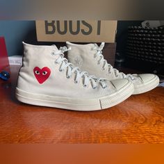 Super Clean White Converse Comme De Garon -Clean Shoe Minimal Scuffs -Elastic Laces For Sliding Them On -Barely Worn Clean White Converse, How To Clean White Converse, Converse Comme Des Garcons, White Converse, Clean Shoes, Elastic Laces, Super Clean, Converse, Men's Shoes