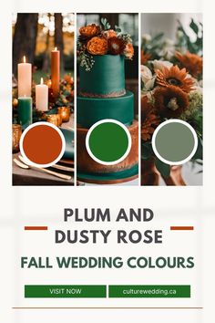 the wedding colors are green, orange and red with flowers on top of them for an autumn - themed color scheme