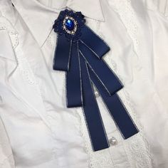 Elegant Blue Ribbon Bow, Formal Bow Brooch, Blue Bow Tie As A Gift, Blue Bow Tie With Ribbon As A Gift, Formal Brooches With Satin Bow, Blue Ribbon Bow For Party, Blue Party Bow With Ribbon, Elegant Bow Ties For Gifts, Elegant Bow Ties As Gift