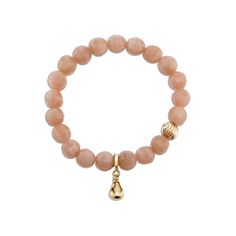 Crystal gemstone elastic bracelets with textured 14k gold-filled accent bead and 14k gold vermeil Anjou pear charm. Newport Coast, Moonstone Crystal, Moonstone Bracelet, Moonstone Beads, Peach Moonstone, Ring Size Guide, How To Make Notes, Gemstone Bracelets, Necklace Sizes