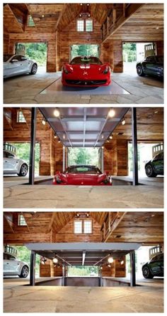 three different views of the inside of a garage with two cars parked in one area