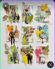 altered photograph collages with people and flowers on white paper, in various colors