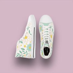 Step into spring with our Women's High Top Canvas Sneakers featuring a charming daisy flower pattern in soft pastel shades of green, white, and yellow. Crafted by Urban Sole Shoe Boutique and designed for style and comfort, these sneakers are made with breathable polyester canvas and hi-poly deodorant memory foam insoles, ensuring all-day comfort and durability. The white sole and laces, complemented by silver metal eyelets and a durable pleather round toe, the tongue is plain in color and taken Shoes Pattern Design, Casual Spring High-top Sneakers With Flat Heel, Trendy Floral Print Sneakers For Spring, Green Sneakers With Flat Heel For Spring, Green Flat-heel Sneakers For Spring, Green Sneakers For Spring, Comfortable Lace-up High-top Sneakers For Spring, White Lace-up Canvas Shoes For Spring, Green Spring Sneakers