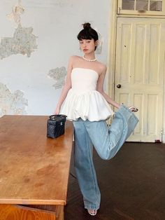 Tube And Pants Outfit, Casual A Line Skirt Outfit, Denim With White Top, Black Top And White Skirt, Styling Peplum Top, Cute Tops To Wear With Skirts, Cute Satin Tops, Peplum Tube Top Outfit, Pants With Skirt Outfit