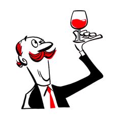 a drawing of a man holding a glass of wine in one hand and a plate in the other