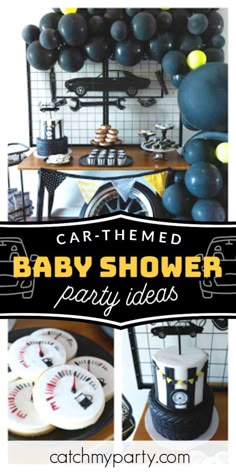 a baby shower party with black and white balloons, baseballs, and other items