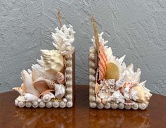 two seashells and shells are sitting on a table