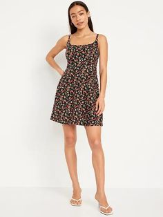 Fit & Flare Cami Mini Dress | Old Navy Casual Suspender Dress For Vacation, Trendy Dresses With Adjustable Straps For Brunch, Casual Suspender Dress For Beach, Casual Suspender Dress With Spaghetti Straps, Casual Suspender Dress With Adjustable Straps For Day Out, Casual Black Suspender Dress With Straps, Casual Black Suspender Dress, Trendy Sundress With Spaghetti Straps For Brunch, Casual Suspender Dress With Adjustable Straps For Summer