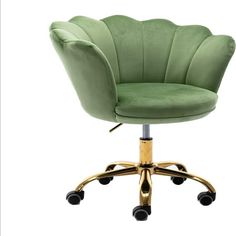 a green office chair sitting on top of a gold metal wheel casteor desk lamp