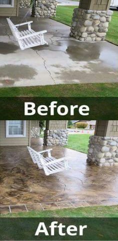 before and after photos of a concrete patio