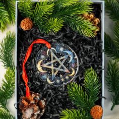 an ornament in a box surrounded by pine cones