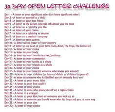 the 30 day open letter challenge is shown in red and white with pink writing on it