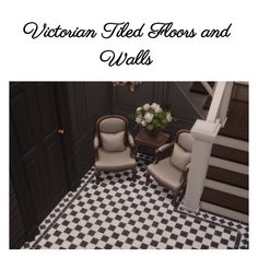 two chairs sitting on top of a checkered floor next to a vase with flowers