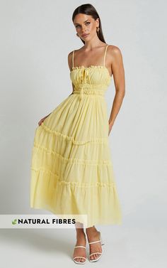 Schiffer Midi Dress - Strappy Ruched Tie Front Tiered Dress in Yellow Beach Midi Dresses Summer, Portugal Dress, Moda Operandi Dress, Shower Dress, Tiered Dresses, Voile Fabric, Shower Dresses, Straight Neckline, Grad Dresses