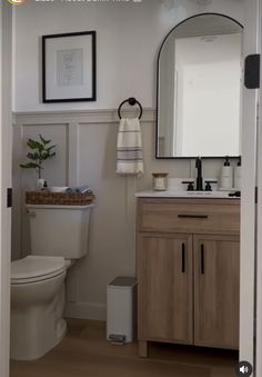 a white toilet sitting next to a bathroom sink under a mirror and a wooden cabinet