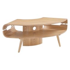 a wooden coffee table with two shelves on each side