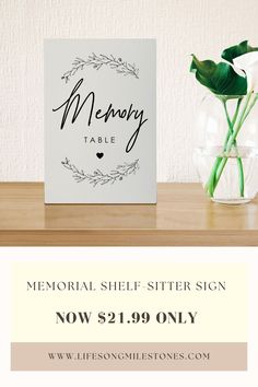 $21.99 - Wooden Memorial Shelf Sitter Sign for Wedding Memorial Table Display. Sign reads "Memory Table" and measures 5.5x8". Honor the memories of your deceased loved one at your special occasion as bridge and groom in memory of those you wished were present. This makes a great gift for memorial gifts, remembrance and bereavement gift. More gifts including cremation urns, photo frames, memorial ornaments, candle holders, and more available on www.lifesongmilestones.com Memory Table Overstock, Memorial Table At Wedding, Memorial Shelf, Memorial Table, Memory Table Wedding, Memory Table, Wooden Table Top, Bereavement Gift, Memorial Ornaments