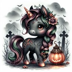 a drawing of a unicorn with flowers on it's head next to a pumpkin