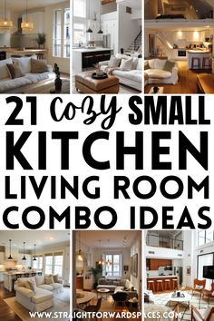 small kitchen living room combo ideas with text overlay that reads 21 cozy small kitchen living room combo ideas