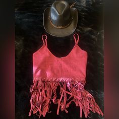 Perfect For Nashville! Worn Top Once, Never Worn The Hat Fitted Red Festival Hat, Red Fitted Hat For Festival, Red Top For Summer Rodeo, Red Summer Top For Rodeo, Trendy Red Festival Hat, Trendy Fitted Festival Hats, Lace Up Tank Top, Halloween Long Sleeve, Fringe Top