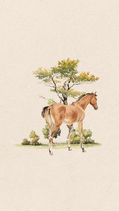 a painting of a horse running in front of a tree and shrubbery on a white paper background