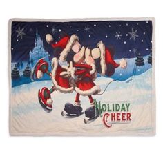 a santa clause holding a sleigh in front of a christmas scene with snowflakes