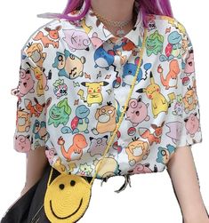 Summer Cartoon Character Print Tops, Casual Cotton Tops With Random Print, Cotton Short Sleeve Tops With Random Print, Harajuku Style Multicolor Summer Tops, Summer Multicolor Harajuku Tops, Spring Casual Shirt With Cartoon Print, Multicolor Cartoon Print Cotton Shirt, Casual Multicolor Cartoon Print Tops, Playful Short Sleeve Blouse