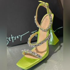 Nwt Betsy Johnson Perry Ankle-Strap Dress Sandals Bright Citron Rhinestone Straps Flare Heel Open Toe Adjustable Ankle-Strap Sculpted Heel Fitted Rhinestone Sandals For Summer, Gold Sandals Heels, Bride Sandals, White Slides Sandals, Strappy Platform Heels, Sparkle Sandals, T Strap Flats, Block Sandals, Vintage Betsey Johnson