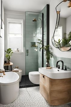 a bathroom with a sink, toilet and bathtub next to a window in it