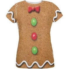 an image of a gingerbread man with green and red candies on his shirt