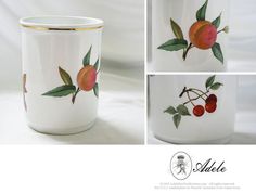 three different views of a white cup with fruit painted on the side and gold trimmings