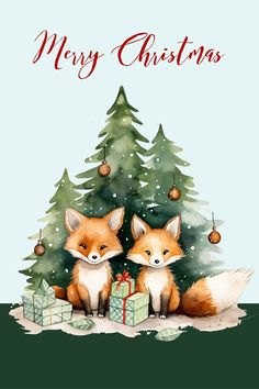 two foxes sitting next to each other near a christmas tree with presents in front of it