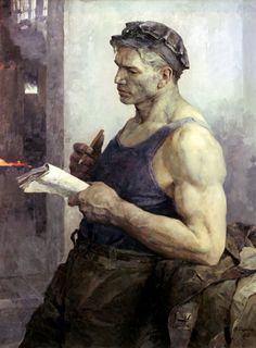 a painting of a man holding a piece of paper and looking at something in his hand