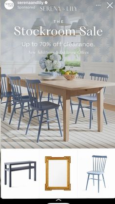 an advertisement for a dining room table and chairs with the words stockroom sale up to 70 % off clearance