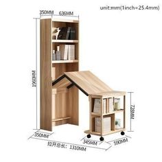 an image of a desk and bookcase with measurements