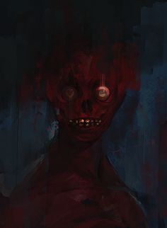 a painting of a creepy looking man with glowing eyes and blood on his face in the dark