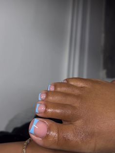 Colored French Tips Acrylic, Blue Feet Nails Ideas, Color French Pedicure, Colored French Tip Pedicure, Baby Blue French Tip Toes, Blue Toes With Design, Gel Toes Ideas Summer, Baby Blue Toes Nails, French Pedicure Colors