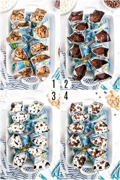 four pictures showing different types of chocolates and nuts in trays with numbers on them