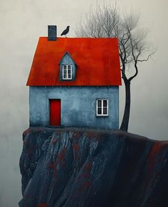 a painting of a house on top of a cliff with a tree growing out of it