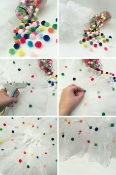 the process to make a tutu skirt with pom poms and plastic beads