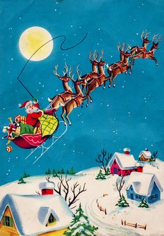 a christmas card with santa flying in his sleigh and reindeers on it