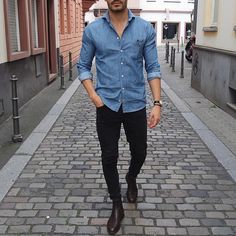 Denim Shirt Black Jeans, Denim Shirt Outfits, Denim Shirt Outfit, Shirt Outfit Men, Style Inspiration Casual, Black Jeans Outfit, Mens Fashion Blog, Denim Shirt Men, Outfit Jeans