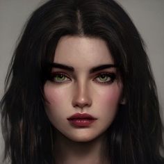 a digital painting of a woman's face with long black hair and green eyes