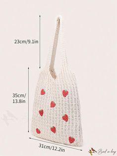 BirdinBag - Stylish Crochet Tote Bag with Strawberry Pattern, Ideal for Spacious and Casual Storage Casual Crochet Handheld Bag, Casual Knitted Pouch Bag, Casual Crochet Handheld Shoulder Bag, Casual Handheld Crochet Shoulder Bag, Trendy White Knitted Bags, Casual Crochet Pouch Shoulder Bag, Cute White Crochet Tote Bag, Vacation Bag, Strawberry Pattern