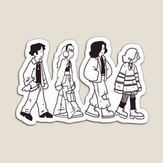 three stickers depicting people walking down the street, one with backpacks on and one with