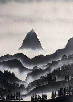 a black and white painting of mountains with trees in the foreground on a foggy day